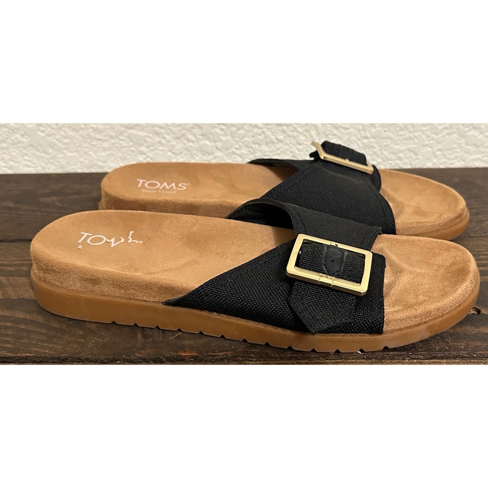 TOMS Viv Sandals Black Textile Gold Buckle Slide Womens 9 canvas